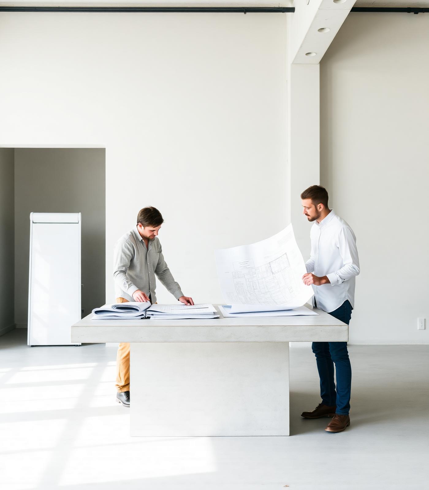 X Line Constructions team reviewing project drawings in a site office