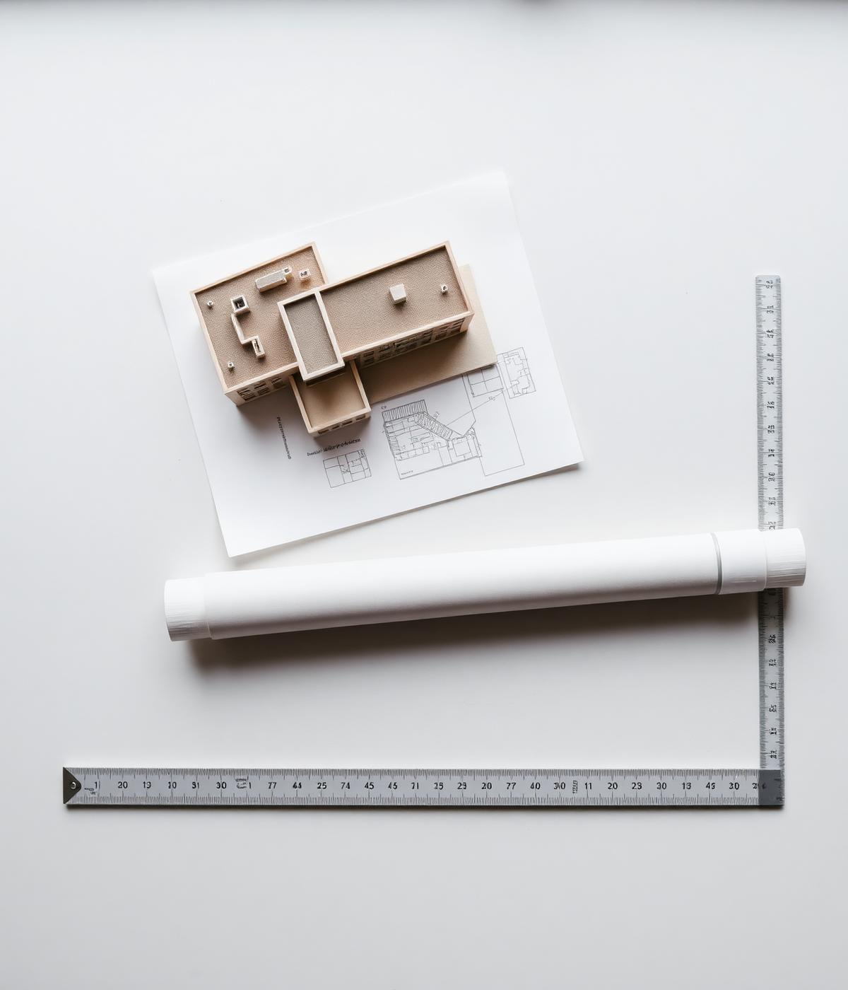 Architectural model, drawings and scale rule on a desk